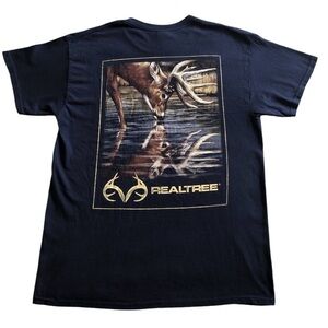 RealTree Men’s Graphic T-Shirt Size L Navy Blue Back Deer Graphics Nature GUC